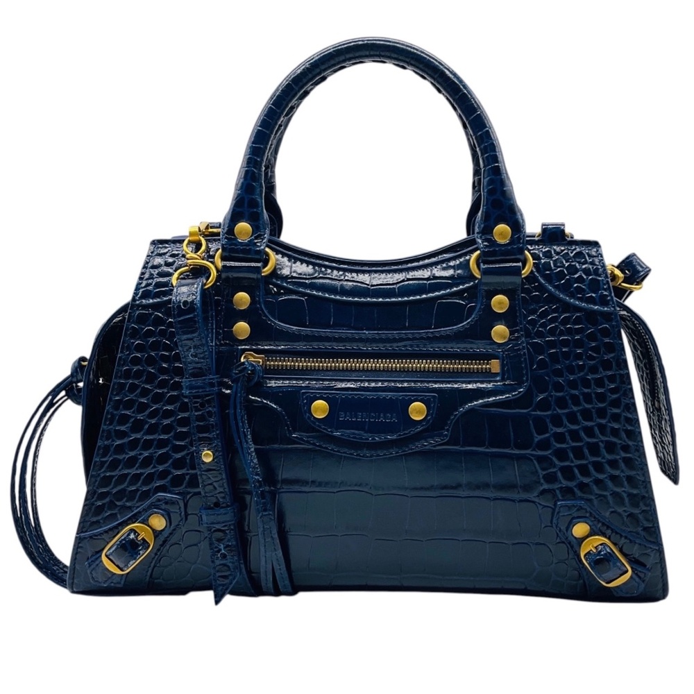 BALENCIAGA NAVY BLUE CROC EMBOSSED SMALL NEO CLASSIC CITY SATCHEL